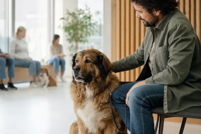 Ein Mastin Leones sitzt ruhig neben seinem Besitzer im hellen Wartezimmer einer modernen Tierarztpraxis.